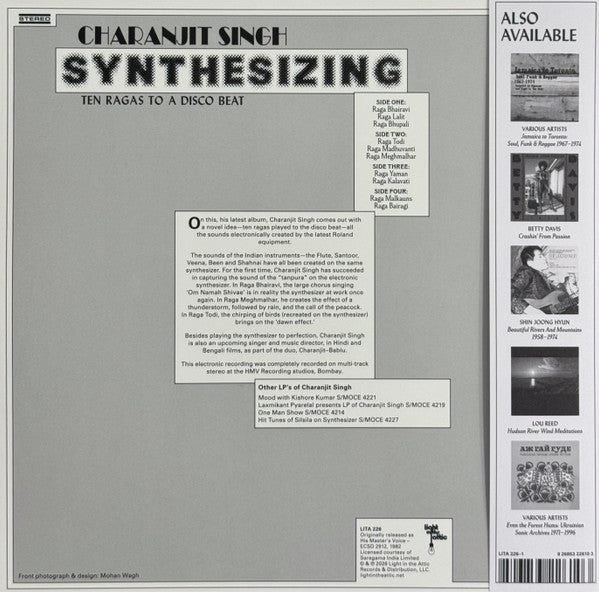 Image of Back Cover of 2xLP - VG+/VG+ - CHARANJIT SINGH, Synthesizing - Ten Ragas To A Disco Beat (Light In The Attic; LITA 226, US 2026 Reissue, Gatefold, NO Booklet, NO Obi), ,  - 3346162S