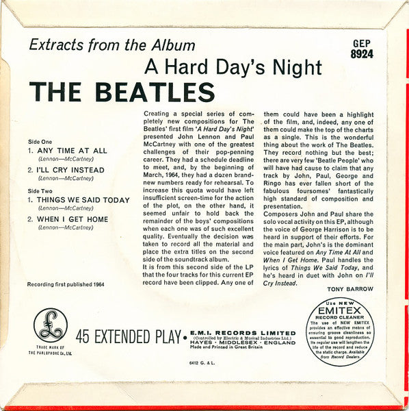 Image of Back Cover of 7" - VG/VG+ - BEATLES, Extract From The Album A Hard Day's Night (Parlophone; GEP 8924, UK 1965, Laminated Flipback Sleeve With Diagonal Ends To Flipbacks, First Pressing), Writing On Rear Sleeve, Slight Sticker Damage,  - 3326169E