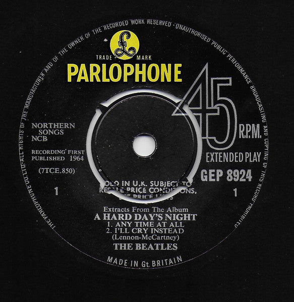 Image of Label Cover of 7" - VG/VG+ - BEATLES, Extract From The Album A Hard Day's Night (Parlophone; GEP 8924, UK 1965, Laminated Flipback Sleeve With Diagonal Ends To Flipbacks, First Pressing), Writing On Rear Sleeve, Slight Sticker Damage,  - 3326169E