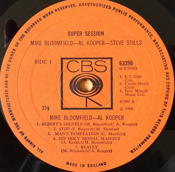 Image of Label Cover of LP - VG/G+ - MIKE BLOOMFIELD / AL KOOPER / STEVE STILLS, Super Session (CBS; 63396, UK 1968, Laminated Front Sleeve, Mono), Light scratches & hairlines, laminate creasing,  - 3346166S