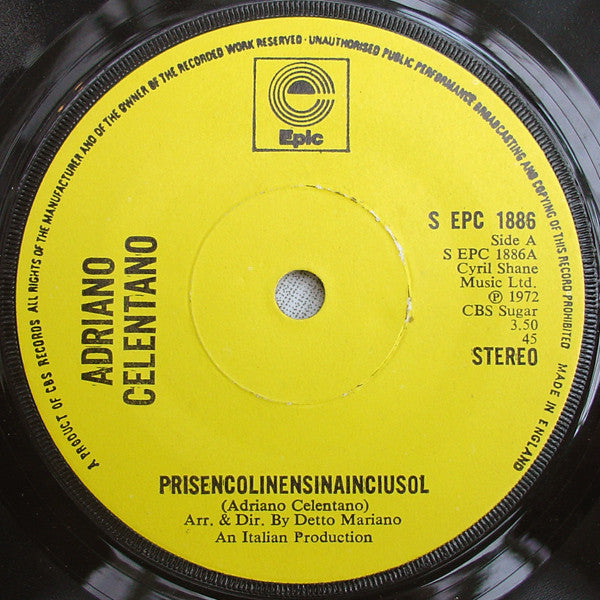 Image of Front Cover of 7" - VG/VG+ - ADRIANO CELENTANO, Prisencolinensinainciusol / Disc Jockey (Epic ; S EPC 1886, UK 1973, Company Sleeve), Surface Mark Which Does Not Sound, Damage To Sleeve Opening,  - 3326167E