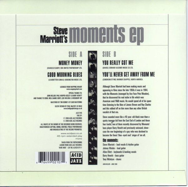 Image of Back Cover of 7" EP - VG+/VG+ - STEVE MARRIOTT / THE MOMENTS, Steve Marriott's Moments EP (Acid Jazz ; AJX210S, UK 2008, Flipback Sleeve), ,  - 4216169C