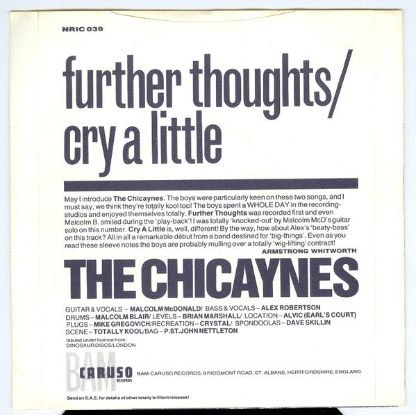 Image of Back Cover of LP - VG+/VG+ - THE CHICAYNES, Further Thoughts / Cry A Little (Bam-Caruso Records ; NRIC 039, UK 1981), ,  - 3326159E