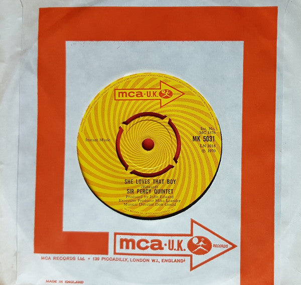 Image of Back Cover of 7" EP - VG/VG+ - SIR PERCY QUINTET, She's Such A Good Looking Girl / She Loves That Boy (MCA Records ; MK 5031, UK 1970, Company Sleeve), Very Strong VG+, Writing On Front Sleeve,  - 3326156E