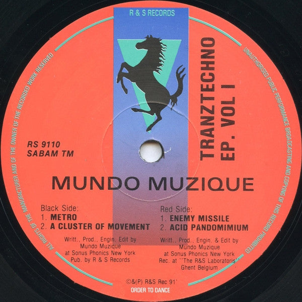 Image of Label Cover of 12" EP - VG/VG - MUNDO MUZIQUE, Tranztechno EP Vol. 1 (R & S Records; RS 9110, Belgium 1991, Picture Sleeve), Strong VG, A1 Metro 5:08A2 A Cluster Of Movement 4:14B1 Enemy Missile 4:24B2 Acid Pandemonium 3:26 - 3346204S