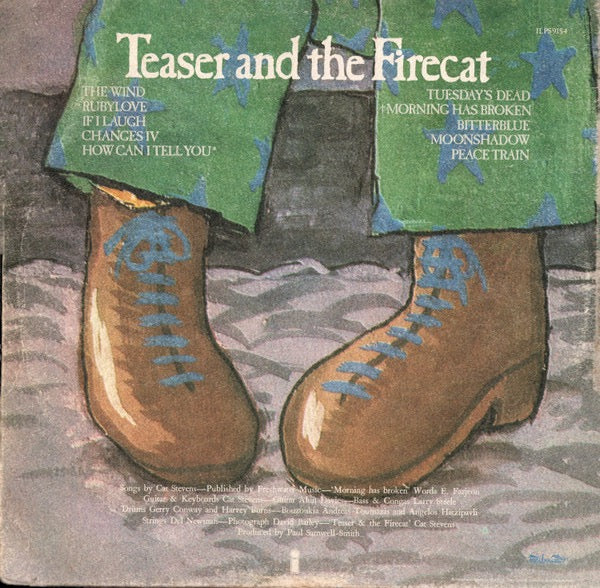 Image of Back Cover of LP - VG/G+ - CAT STEVENS, Teaser And The Firecat (Island Records Pink Rim Label; ILPS 9154, UK 1971, Textured Gatefold E.J. Day Sleeve, No Company Inner, Sterling LH Cut), Light marks, Little bit of pen on sleeve ,  - 3316406C
