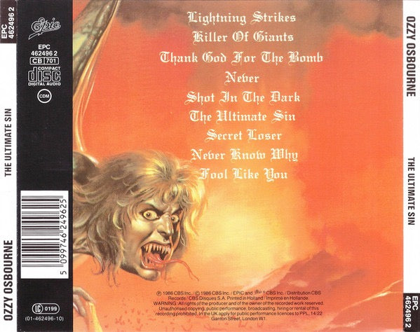 Image of Back Cover of CD - VG+/VG - OZZY OSBOURNE, The Ultimate Sin (Epic; 468334 2, Europe 1991 Reissue, Jewel Case), ,  - 3316415C