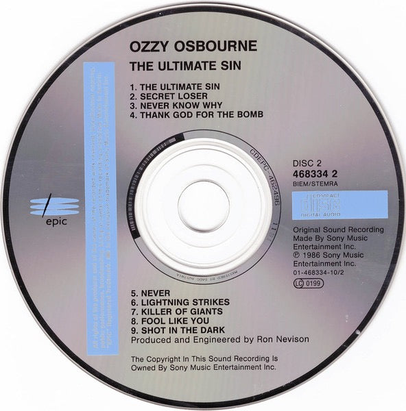 Image of Label Cover of CD - VG+/VG - OZZY OSBOURNE, The Ultimate Sin (Epic; 468334 2, Europe 1991 Reissue, Jewel Case), ,  - 3316415C