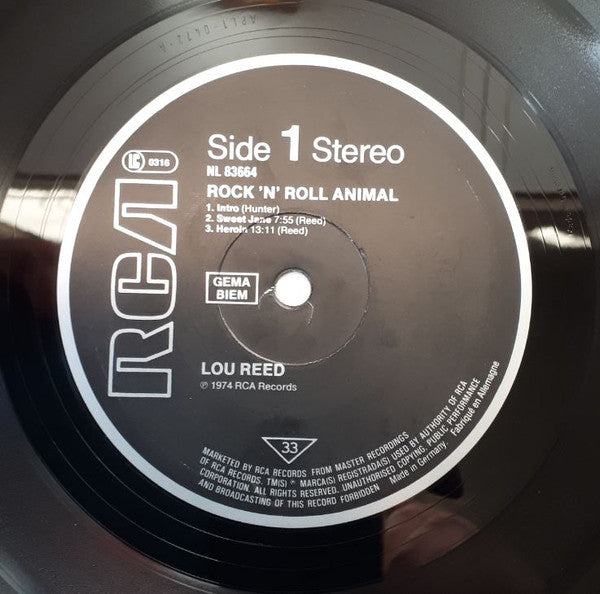 Image of Label Cover of LP - VG/VG+ - LOU REED, Rock 'N' Roll Animal (RCA; NL 83664, Europe 1980s Reissue), ,  - 3326221E