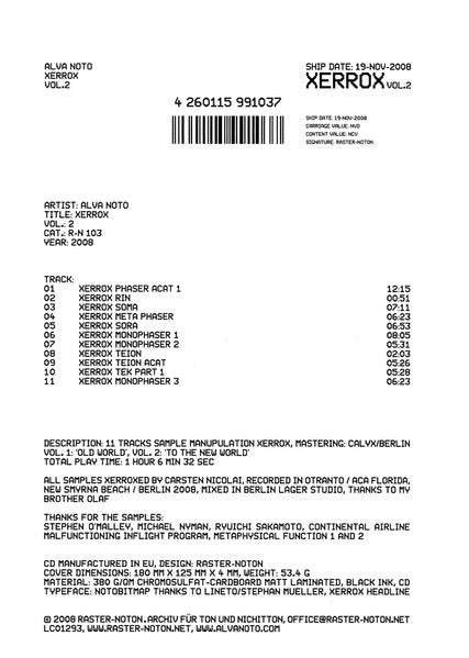 Image of Back Cover of CD - VG+/VG - ALVA NOTO, Xerrox Vol.2 (Raster-Noton; R-N 103, Germany 2009, Fold Over Card Sleeve (DVD Size)), Scratches (CD),  - 3316410C