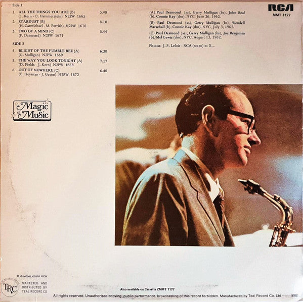 Image of Back Cover of LP - G+/VG+ - PAUL DESMOND / GERRY MULLIGAN, Two Of A Mind (RCA; MMT 1177, South Africa 1982 Reissue, Stereo), Sleeve has three sticker ghosts / rips on front. A label sticker on front. Some wear, light staining, discoloration and creasing,  - 3316503C