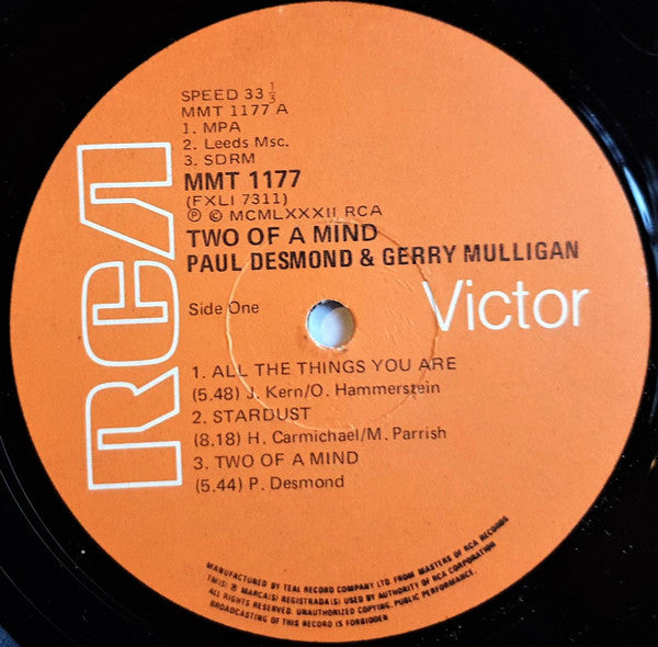 Image of Label Cover of LP - G+/VG+ - PAUL DESMOND / GERRY MULLIGAN, Two Of A Mind (RCA; MMT 1177, South Africa 1982 Reissue, Stereo), Sleeve has three sticker ghosts / rips on front. A label sticker on front. Some wear, light staining, discoloration and creasing,  - 3316503C