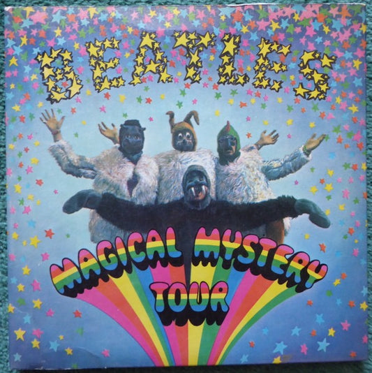 Image of Front Cover of 2x7" EP - VG/VG+ - THE BEATLES, Magical Mystery Tour (Parlophone ; MMT 1, UK 1967, Gatefold With Stapled In Booklet, Blue Lyric Sheets, Mono, Push Out Centres, Label Variation; Year Printed Directly Above Side Indicator On Second Disc Only), Clean glossy discs, Sleeve a little sunfaded and has an old shop stamp on inside cover ,  - 3316517C