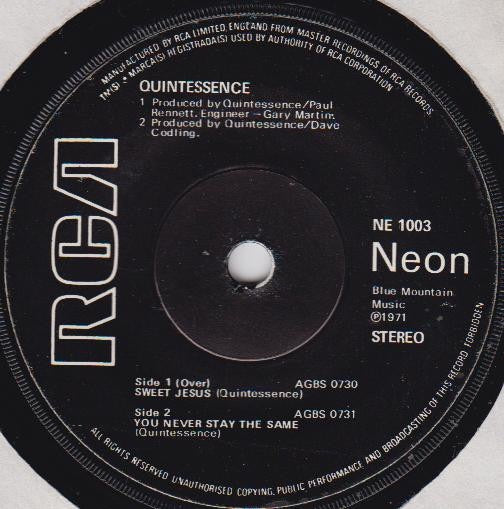 Image of Label Cover of 7" - VG/VG - QUINTESSENCE, Sweet Jesus (Neon; NE 1003, UK 1971, Picture Sleeve), ,  - 3315518C
