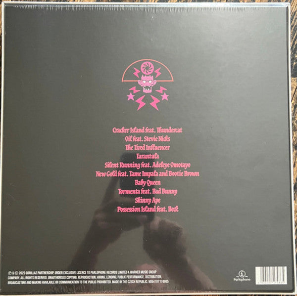 Image of Back Cover of LP - VG+/VG+ - GORILLAZ, Cracker Island (Parlophone; 5054197174865, Worldwide 2023, Box Set, Poster, Sticker Set, Peach Pink vinyl LP, 7", CD, art prints.), ,  - 3326229E