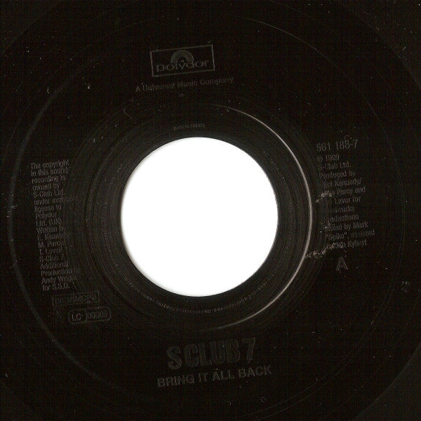 Image of Front Cover of 7" - /VG - S CLUB 7, Bring It All Back (Polydor Moulded Black Jukebox Labels; 561 188-7, UK 1999, Plain Sleeve), Light hairlines.,  - 3316470C