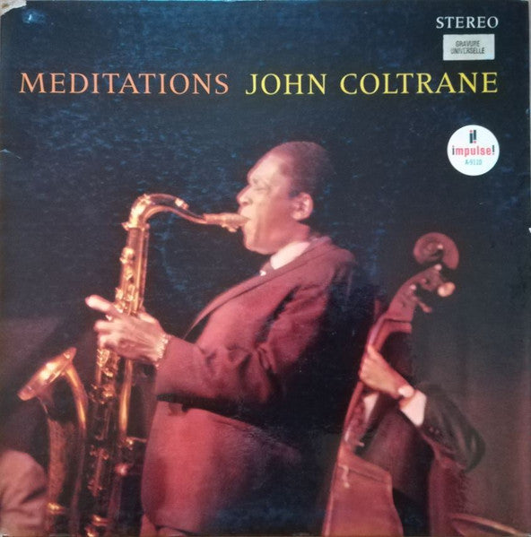 Image of Front Cover of LP - VG/G+ - JOHN COLTRANE, Meditations (Impulse!; A-9110, France 1968, Gatefold, Stereo), Record very lightly fogged, with mostly lighter marks. Sleeve scuffed with sticker ghost and light stains on front.Wear at top / bottom of spine and corners. Light wear to labels,  - 3316537C