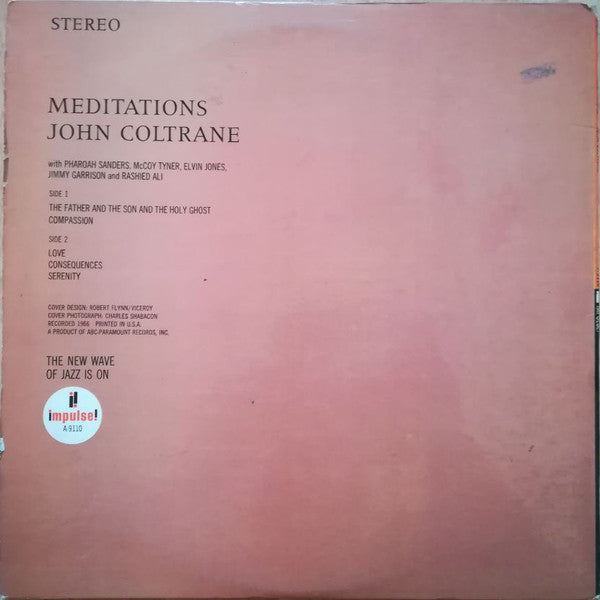 Image of Back Cover of LP - VG/G+ - JOHN COLTRANE, Meditations (Impulse!; A-9110, France 1968, Gatefold, Stereo), Record very lightly fogged, with mostly lighter marks. Sleeve scuffed with sticker ghost and light stains on front.Wear at top / bottom of spine and corners. Light wear to labels,  - 3316537C