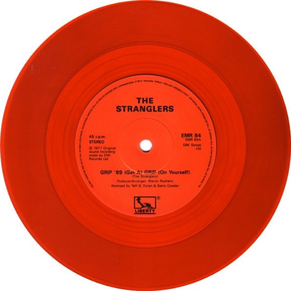 Image of Label Cover of 7" - VG/VG - THE STRANGLERS, Grip '89 (Get A) Grip (On Yourself) (Liberty; EMR 84, UK 1989, Plastic Fold Over Sleeve With EMI Promo Sticker On Front, Insert, Red Vinyl), Light fogging to disc from PVC sleeve,  - 3316522C