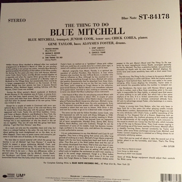 Image of Back Cover of LP - VG+/VG+ - BLUE MITCHELL, The Thing To Do (Blue Note; ST-84178, US 2016 Reissue, Company Inner), ,  - 3326232E