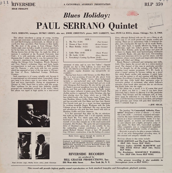 Image of Back Cover of LP - VG/VG - PAUL SERRANO QUINTET, Blues Holiday (Riverside Records; RLP 359, US 1961, Mono), Edge Wear,  - 3346271S