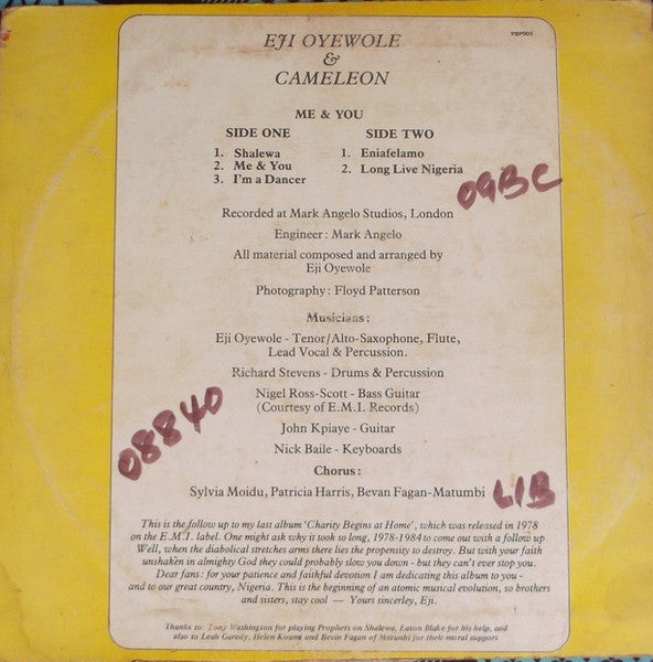 Image of Back Cover of LP - VG/G+ - EJI OYEWOLE, Me & You (Top Records ; TOP 003, Nigeria 1985), Writting On Sleeve ''With Love To Uncle George' ,  - 3346273S