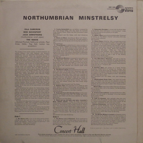 Image of Back Cover of LP - VG/VG - JACK ARMSTRONG, BOB DAVENPORT, ISLA CAMERON AND THE RAKES, Northumbrian Minstrelsy (Concert Hall; SMSC-2339, UK 1970, Laminated Front Sleeve), Rear of sleeve a bit grubby.,  - 3316557C