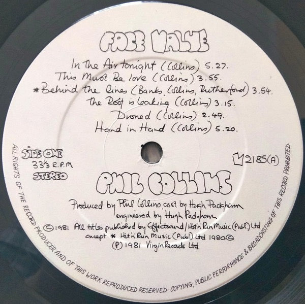 Image of Label Cover of LP - VG/VG+ - PHIL COLLINS, Face Value (Virgin; V2185, UK 1981, Non-Textured, Matt Gatefold Sleeve, TOWNHOUSE / The Mastering Lab Runouts), ,  - 3316558C