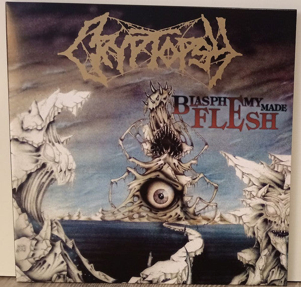 Image of Front Cover of LP - VG+/VG+ - CRYPTOPSY, Blasphemy Made Flesh (Hammerheart Records; HHR 2016-11, Netherlands 2022, Insert & Black Inner, Poster, Blue / White Splatter Vinyl), In hype stickered plastic outer. Barcode sticker from a previous seller on front of plastic outer.,  - 3326292E