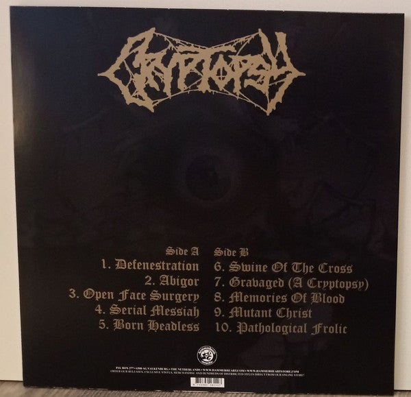 Image of Back Cover of LP - VG+/VG+ - CRYPTOPSY, Blasphemy Made Flesh (Hammerheart Records; HHR 2016-11, Netherlands 2022, Insert & Black Inner, Poster, Blue / White Splatter Vinyl), In hype stickered plastic outer. Barcode sticker from a previous seller on front of plastic outer.,  - 3326292E