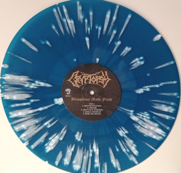 Image of Label Cover of LP - VG+/VG+ - CRYPTOPSY, Blasphemy Made Flesh (Hammerheart Records; HHR 2016-11, Netherlands 2022, Insert & Black Inner, Poster, Blue / White Splatter Vinyl), In hype stickered plastic outer. Barcode sticker from a previous seller on front of plastic outer.,  - 3326292E