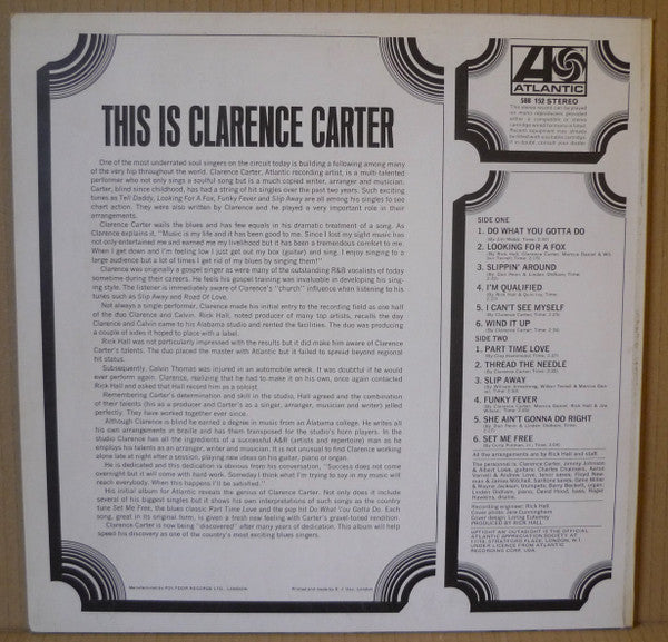 Image of Back Cover of 12" - VG/G+ - CLARENCE CARTER, This Is Clarence Carter (Atlantic; 588152, UK 1969), Lots of marks but plays well. Light wear to sleeve with ringwear.,  - 3326272E