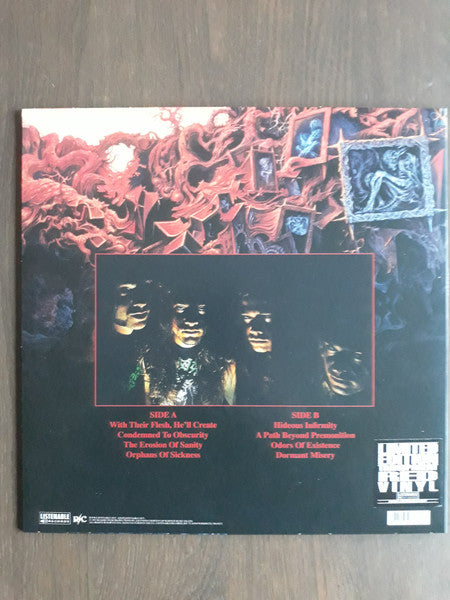 Image of Back Cover of LP - VG+/VG+ - GORGUTS, The Erosion Of Sanity (Listenable Records; POSH338, France 2021 Reissue, Insert & Black Inner, Red Vinyl, Limited to 500 Copies), Still in hype stickered shrinkwrap. Corner bump.,  - 3326293E