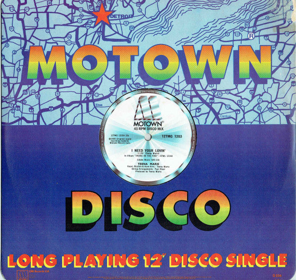 Image of Front Cover of 12" - VG/VG - TEENA MARIE, I Need Your Lovin' / Behind The Groove (Instrumental) / I Need Your Lovin' (Motown; 12TMG 1203, UK 1980, Company Sleeve), Light marks. Light wear to company sleeve.,  - 3326276E