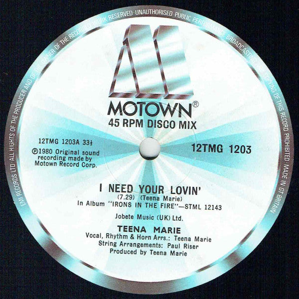 Image of Label Cover of 12" - VG/VG - TEENA MARIE, I Need Your Lovin' / Behind The Groove (Instrumental) / I Need Your Lovin' (Motown; 12TMG 1203, UK 1980, Company Sleeve), Light marks. Light wear to company sleeve.,  - 3326276E
