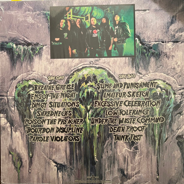 Image of Back Cover of LP - VG+/VG+ - MUNICIPAL WASTE, Slime And Punishment (Nuclear Blast; NB 4062, US 2022 Reissue, Inner, Mint Green & Gray Swirl With Black Splatter. Limited to 1500.), Still in hype stickered shrinkwrap. Small seam split to inner.,  - 3226394E