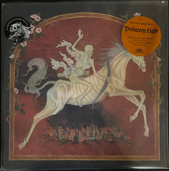Image of Front Cover of LP - VG+/VG+ - PREDATORY LIGHT, Death And The Twilight Hours (20 Buck Spin; SPIN152, USA & Europe 2022, Insert, Silver+White+Gold Tri-Color Galaxy), In hype stickered plastic outer. Seam splits to outer.,  - 3226393E