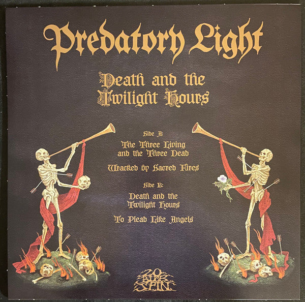 Image of Back Cover of LP - VG+/VG+ - PREDATORY LIGHT, Death And The Twilight Hours (20 Buck Spin; SPIN152, USA & Europe 2022, Insert, Silver+White+Gold Tri-Color Galaxy), In hype stickered plastic outer. Seam splits to outer.,  - 3226393E