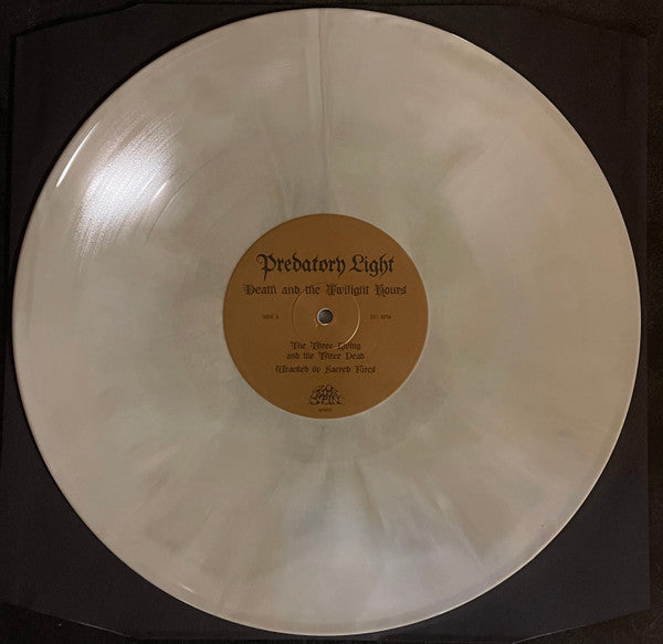 Image of Label Cover of LP - VG+/VG+ - PREDATORY LIGHT, Death And The Twilight Hours (20 Buck Spin; SPIN152, USA & Europe 2022, Insert, Silver+White+Gold Tri-Color Galaxy), In hype stickered plastic outer. Seam splits to outer.,  - 3226393E