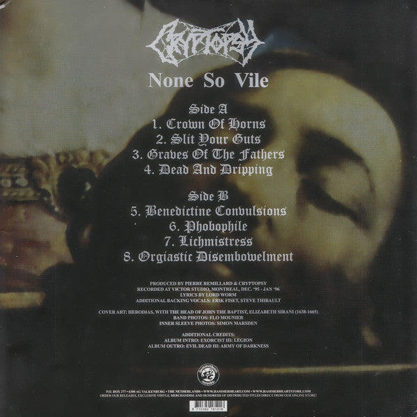 Image of Back Cover of LP - VG+/VG+ - CRYPTOPSY, None So Vile (Hammerheart Records; HHR 2016-12, Netherlands 2022 Reissue, Insert, Poster), In hype stickered plastic outer. Creasing.,  - 3226392E