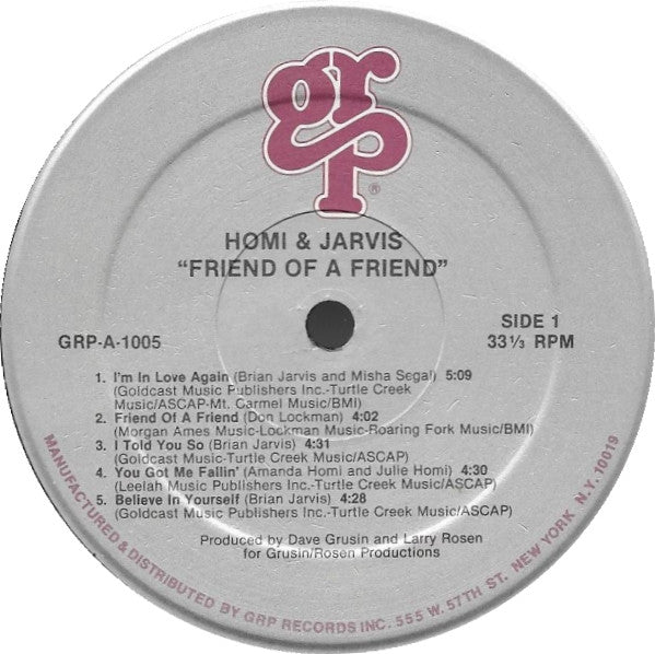 Image of Label Cover of 12" - VG/VG - HOMI & JARVIS, Friend Of A Friend (GRP; GRP-A-1005, US 1983, Inner), Marks on vinyl. Plays well. Ringwear on sleeve.,  - 3326277E