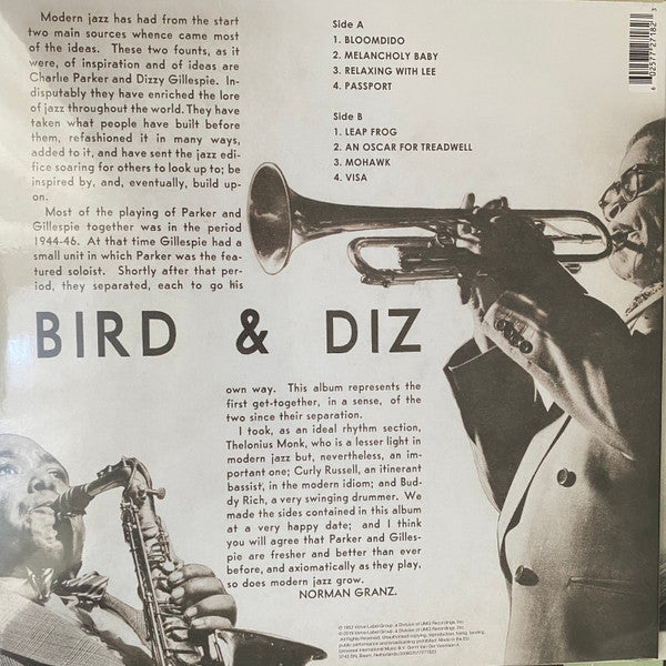 Image of Back Cover of LP - VG+/VG+ - CHARLIE PARKER AND DIZZY GILLESPIE, Bird And Diz (Verve Records; 000602577271823, USA & Europe 2019 Reissue), ,  - 3326213E