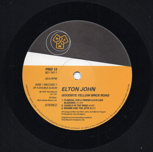 Image of Label Cover of 2xLP - VG/VG - ELTON JOHN, Goodbye Yellow Brick Road (DJM Records; PRID 13, UK 1982 Reissue, Company Inners, Tape One Matrices), ,  - 3316534C