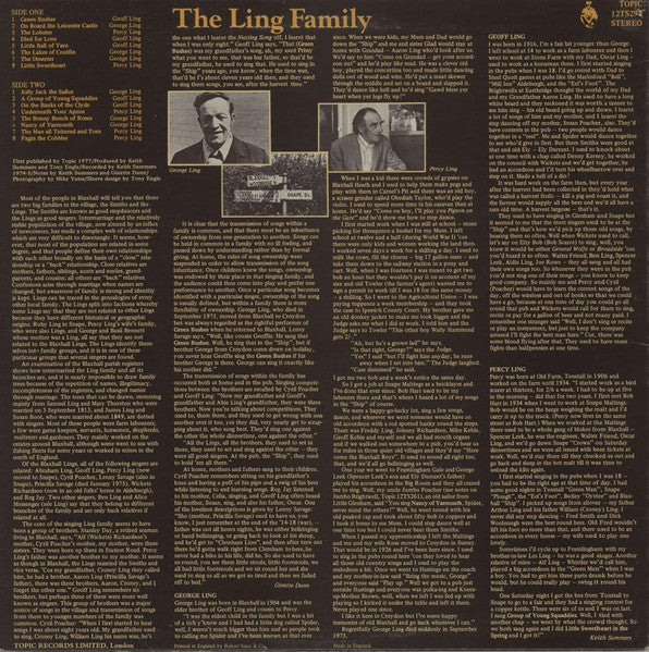 Image of Back Cover of LP - VG/VG+ - THE LING FAMILY, Singing Traditions Of A Suffolk Family (Topic Records; 12TS292, UK 1977), ,  - 3316562C