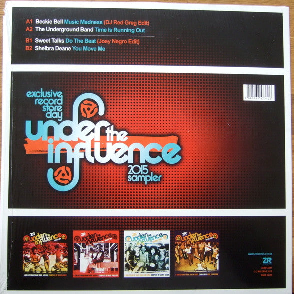 Image of Back Cover of 10" - VG/VG+ - VARIOUS, Under The Influence 2015 Sampler (Z Records; ZEDD12221, UK 2015), Sleeve in opened shrinkwrap, top right corner has folding sign. Vinyl in great condition.,  - 3346320S
