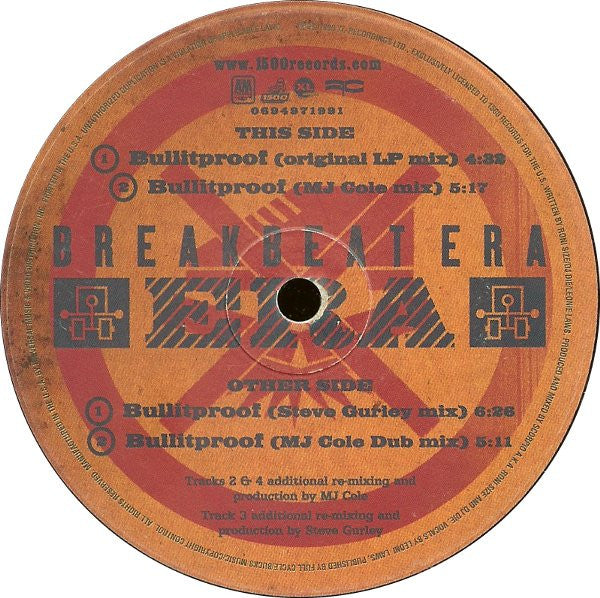 Image of Front Cover of 12" - /G+ - BREAKBEAT ERA, Bullitproof (Remixes) (1500 Records; 6 06949 71991 3, US 1999), Marker on label, scuffs and marks., A1	Bullitproof (Original LP Mix)A2	Bullitproof (MJ Cole Mix)B1	Bullitproof (Steve Gurley Mix)B2	Bullitproof (MJ Cole Dub Mix) - 3816218C