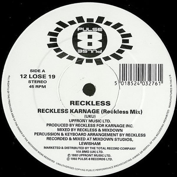 Image of Label Cover of 12" - VG/VG - RECKLESS, Reckless Karnage (Pulse-8 Records; 12 LOSE 19, UK 1992, Picture Sleeve), ,  - 3316627C