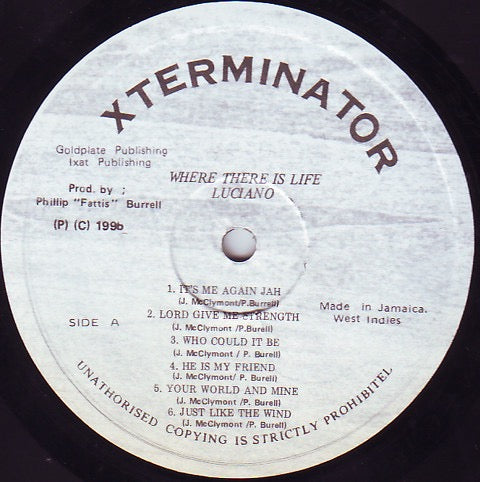 Image of Back Cover of LP - VG/VG - LUCIANO, Where There Is Life (XTerminator; none, Jamaica 1995), Some superficial fogging .,  - 3316618C