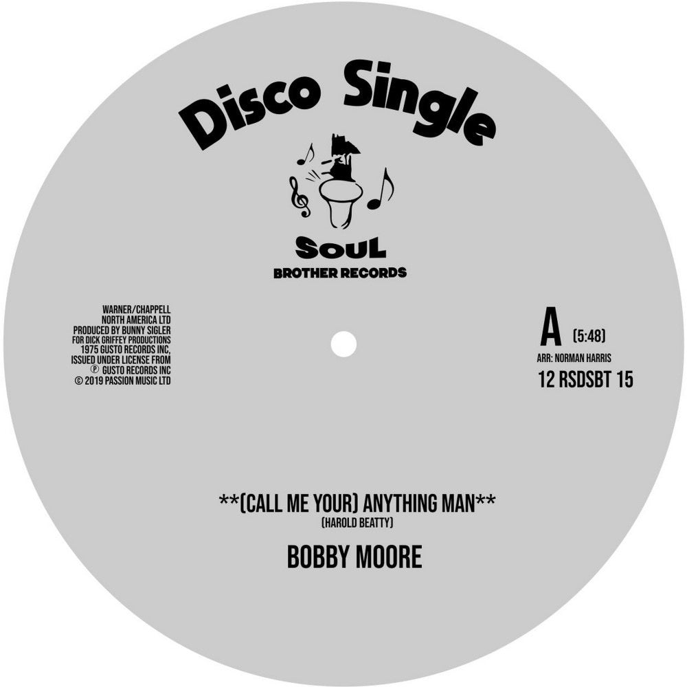 Image of Front Cover of 12" - EX/VG+ - BOBBY MOORE / SWEET MUSIC, (Call Me Your) Anything Man / I Get Lifted (Soul Brother; 12 RSDSBT15, UK 2020, Company Sleeve, Record Store Day August Drop 2020), Light marks only, Sleeve in shrink (opened).,  - 3426004E