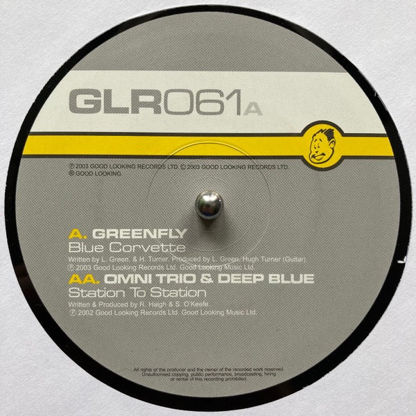 Image of Label Cover of 12" - VG/G+ - GREENFLY / OMNI TRIO & DEEP BLUE, Blue Corvette / Station To Station (Good Looking Records; GLR061, UK 2003, Stickered Company Sleeve), Close to VG light marks and scuffs only. Sleeve has sticker ghost top right.,  - 3416034C